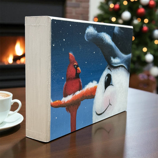 Snowman and Cardinal Art Print on Cradled Wood Panel
