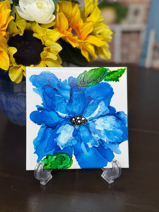 Cobalt Bloom Ceramic Tile Art