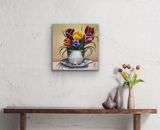 Teacup Tulips Acrylic Painting