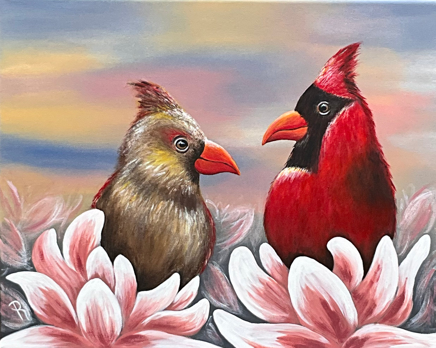 Male and female Cardinal bird acrylic painting.