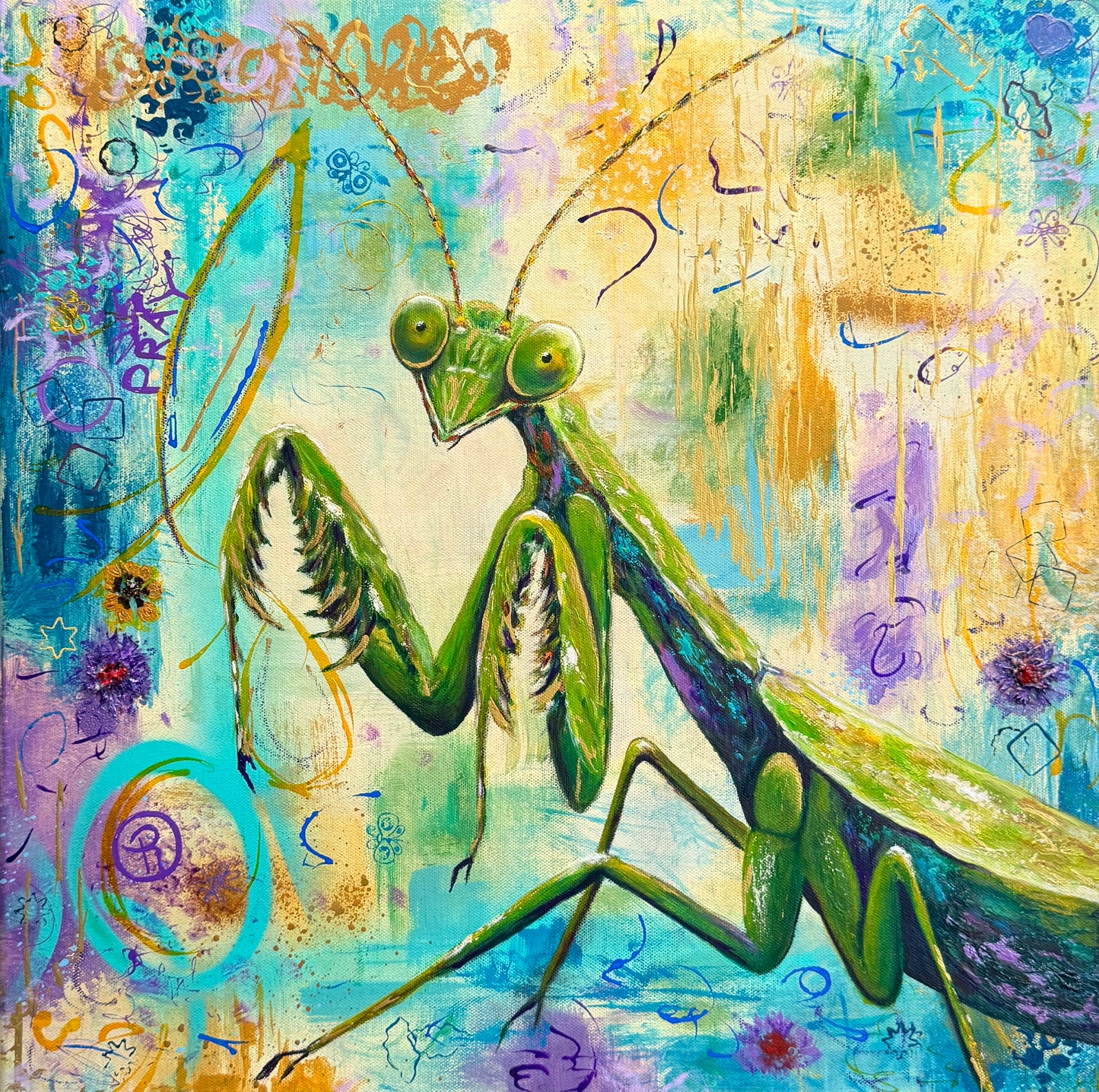 Colorful abstract painting of a green praying mantis