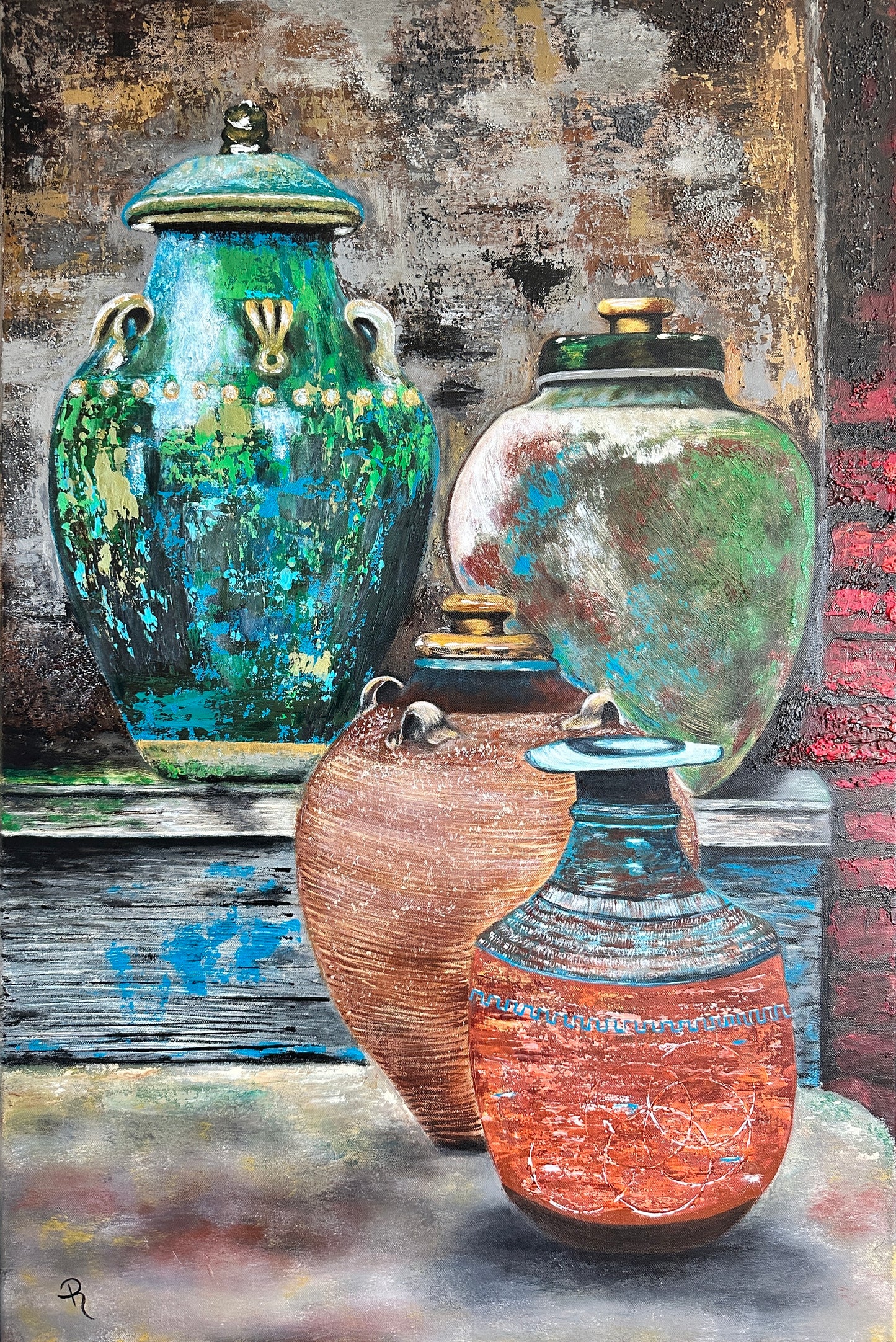 Chipped And Charming Moroccan Water Jugs Pottery Acrylic Painting