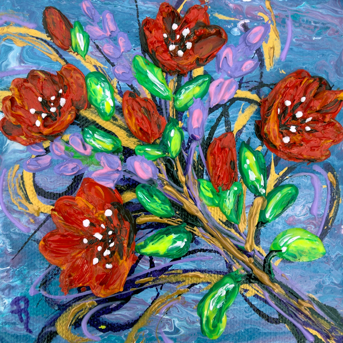 An expressive floral painting featuring four large red-orange flowers with green leaves and purple buds on a swirling blue background.