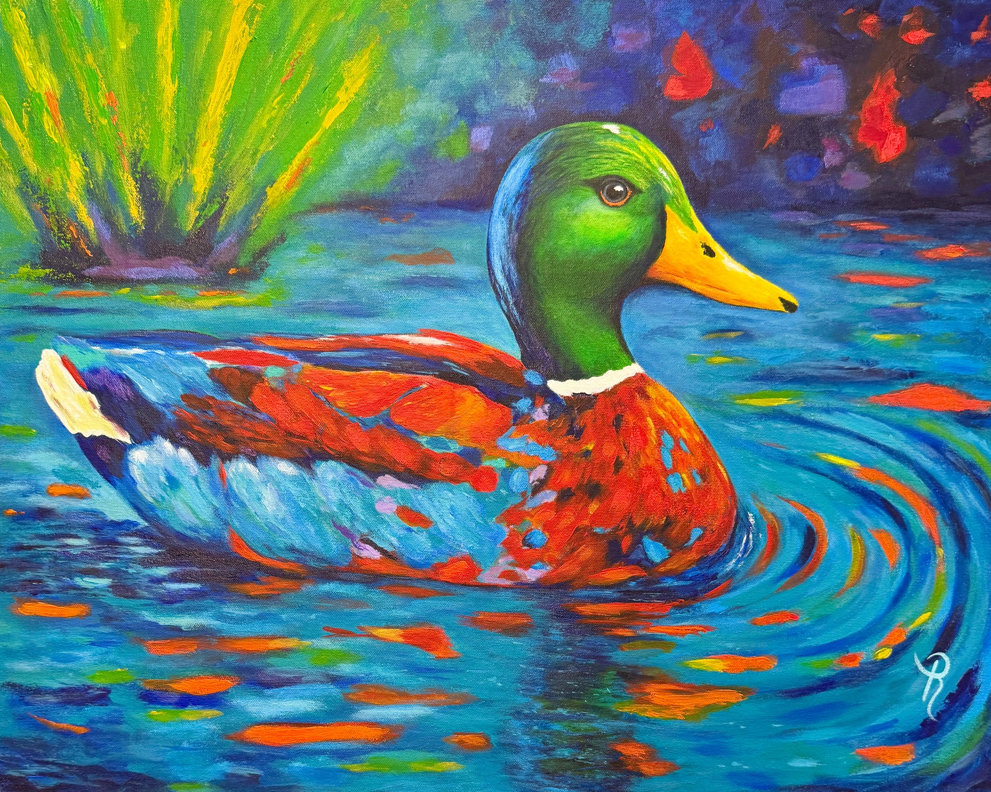 Colorful painting of a duck swimming in water with vibrant colors