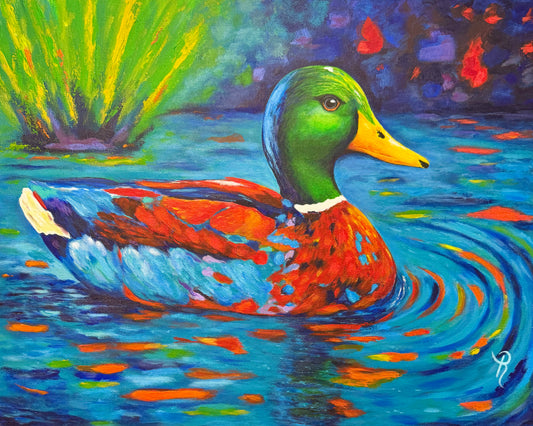 Colorful painting of a duck swimming in water with vibrant colors