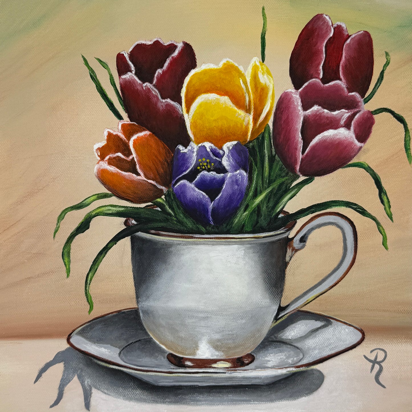 Teacup Tulips Acrylic Painting