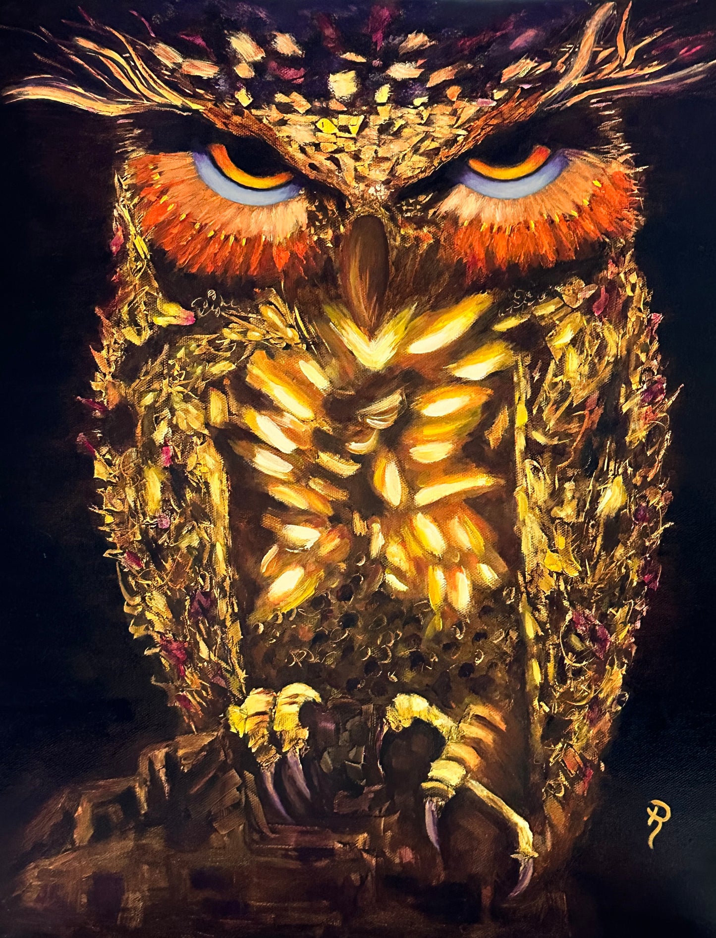 Glowing Owl Within Oil Painting