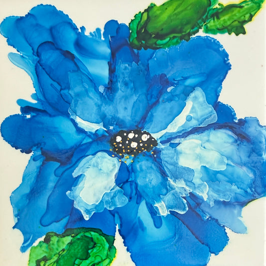 Cobalt Bloom Ceramic Tile Art