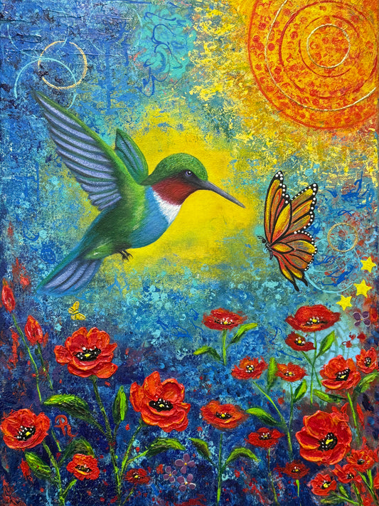 Colorful artwork of a hummingbird and butterfly among flowers with a sun in the background.