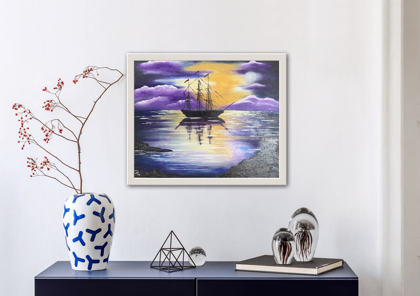 Sailboat in Moonlight Acrylic Painting