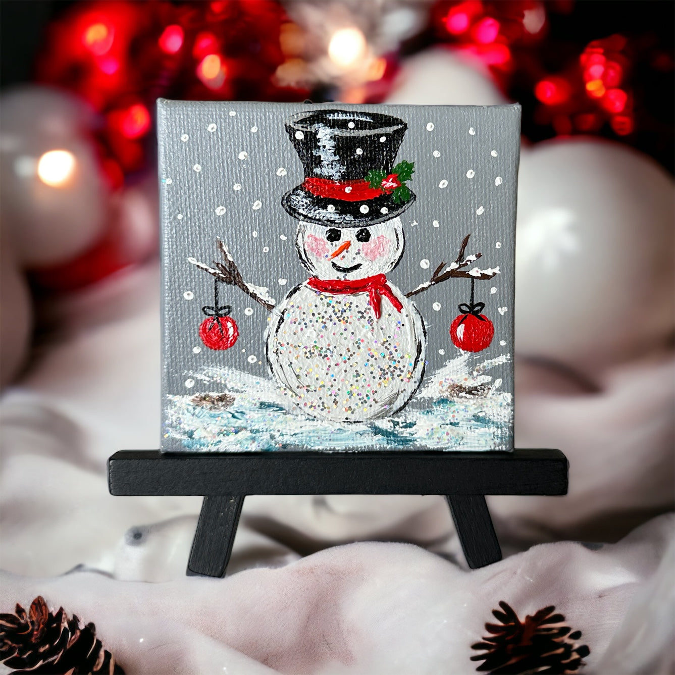 Snowman and Ornaments Acrylic Painting