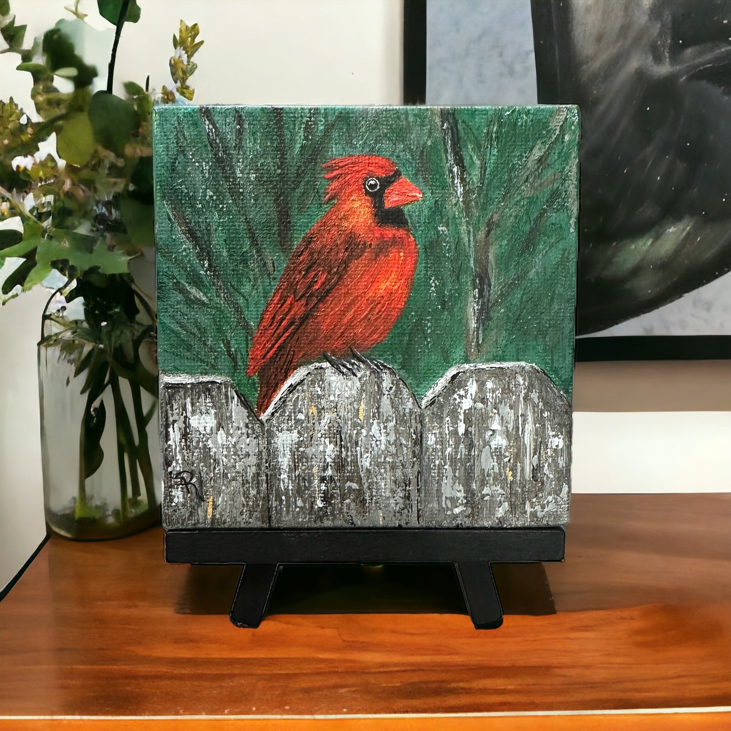 Cardinal on the Fence Acrylic Painting