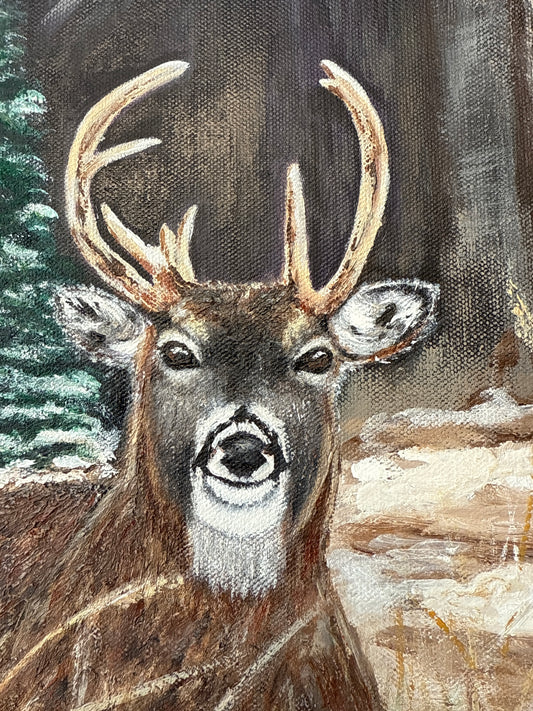 Close-up of a painting of a deer with large antlers and detailed face.