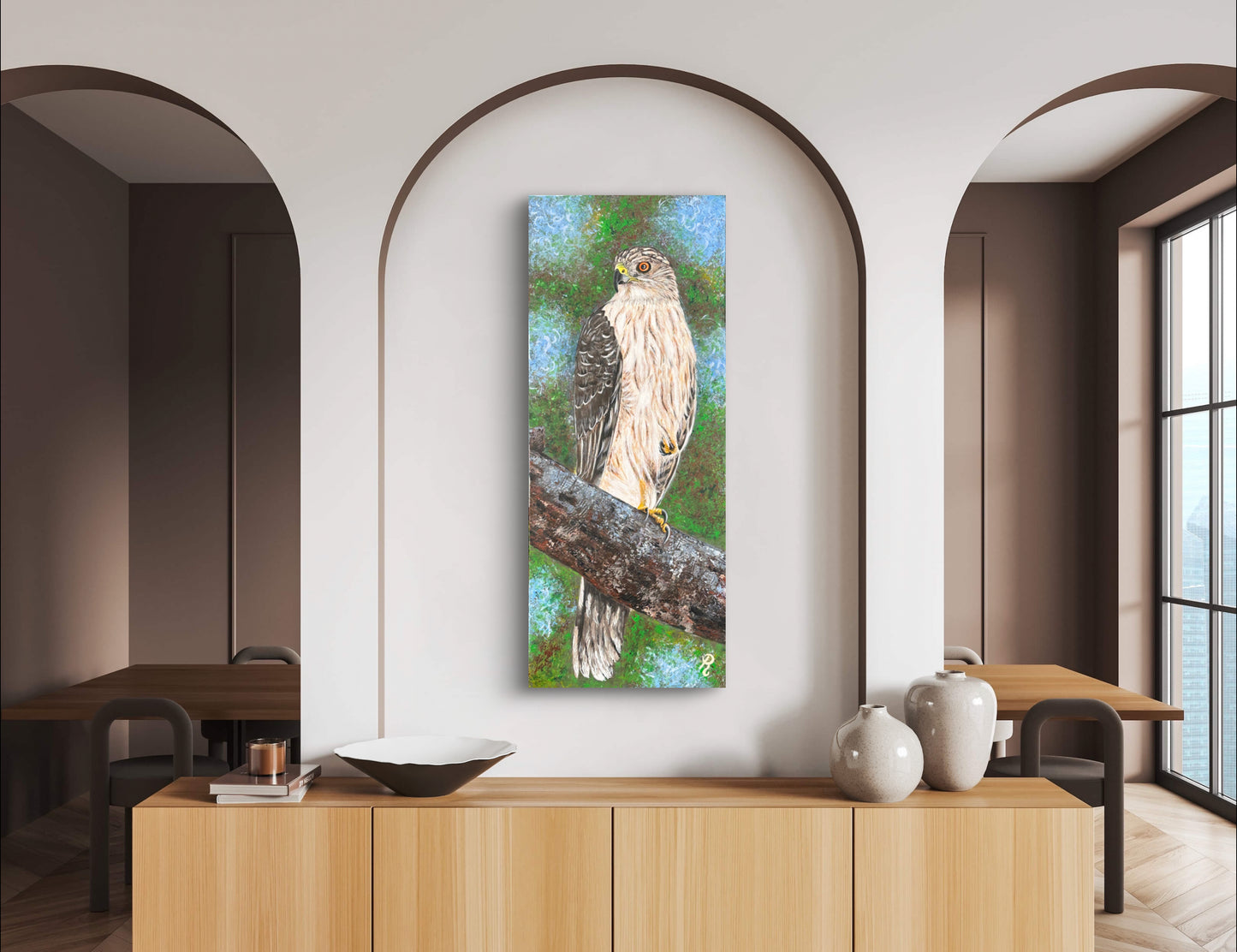 Perched Majesty: Cooper's Hawk Acrylic Painting