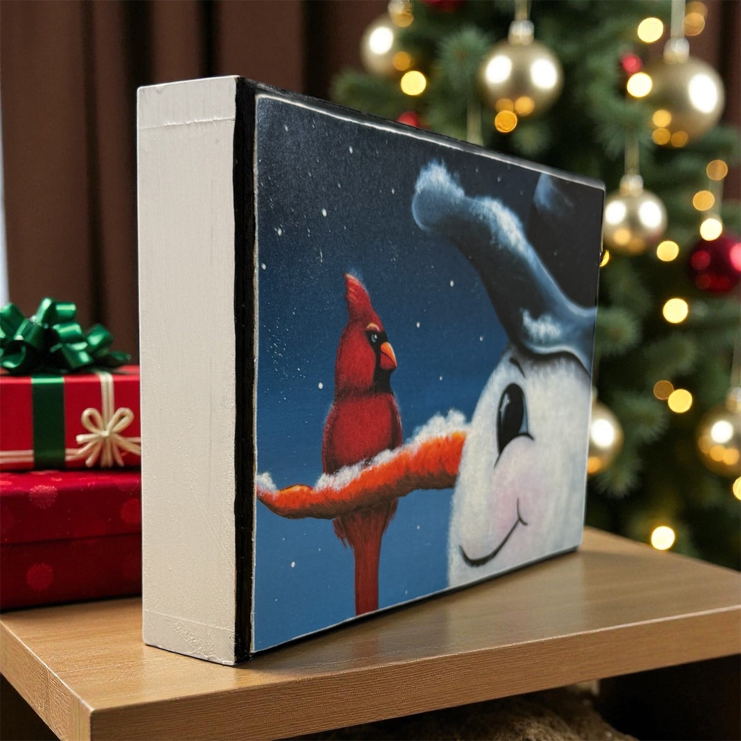 Snowman and Cardinal Art Print on Cradled Wood Panel