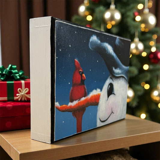 Snowman and Cardinal Art Print on Cradled Wood Panel