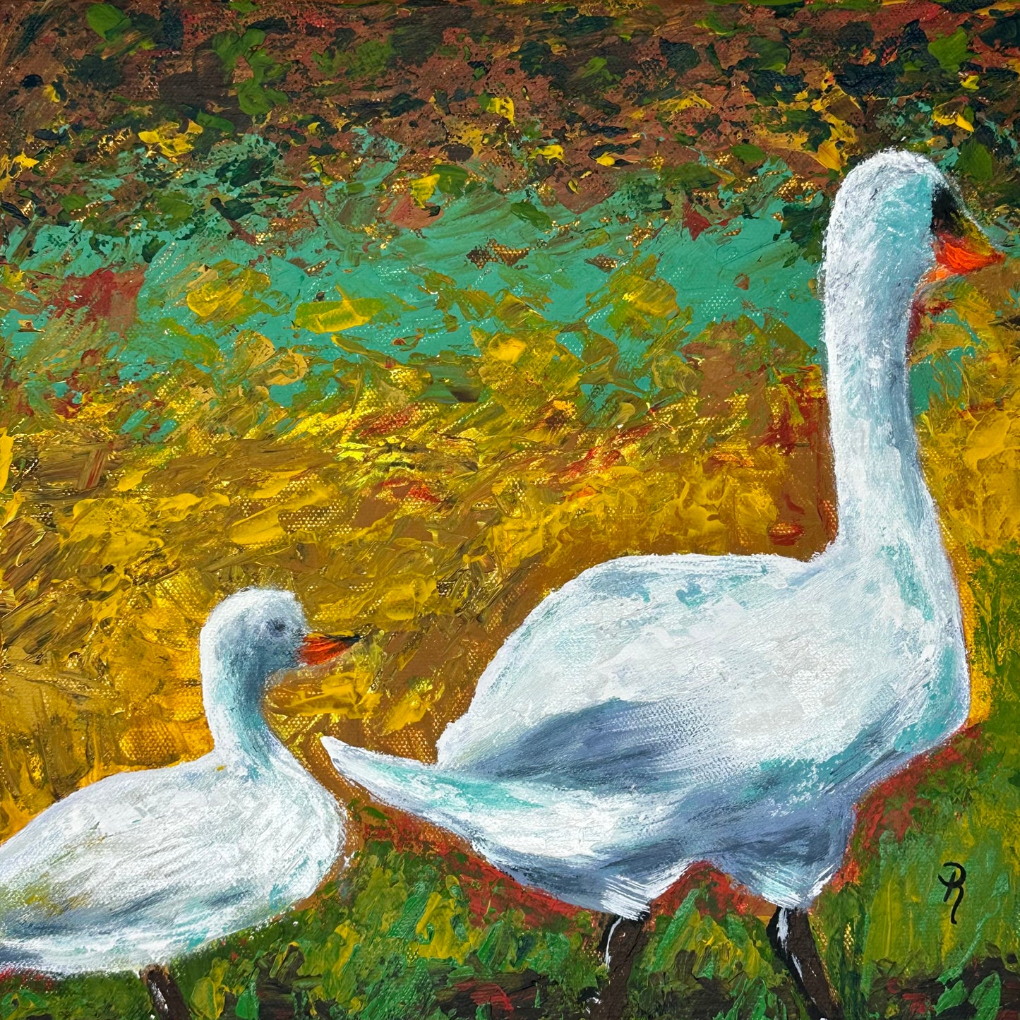 Waddle With Me White Geese Acrylic Painting