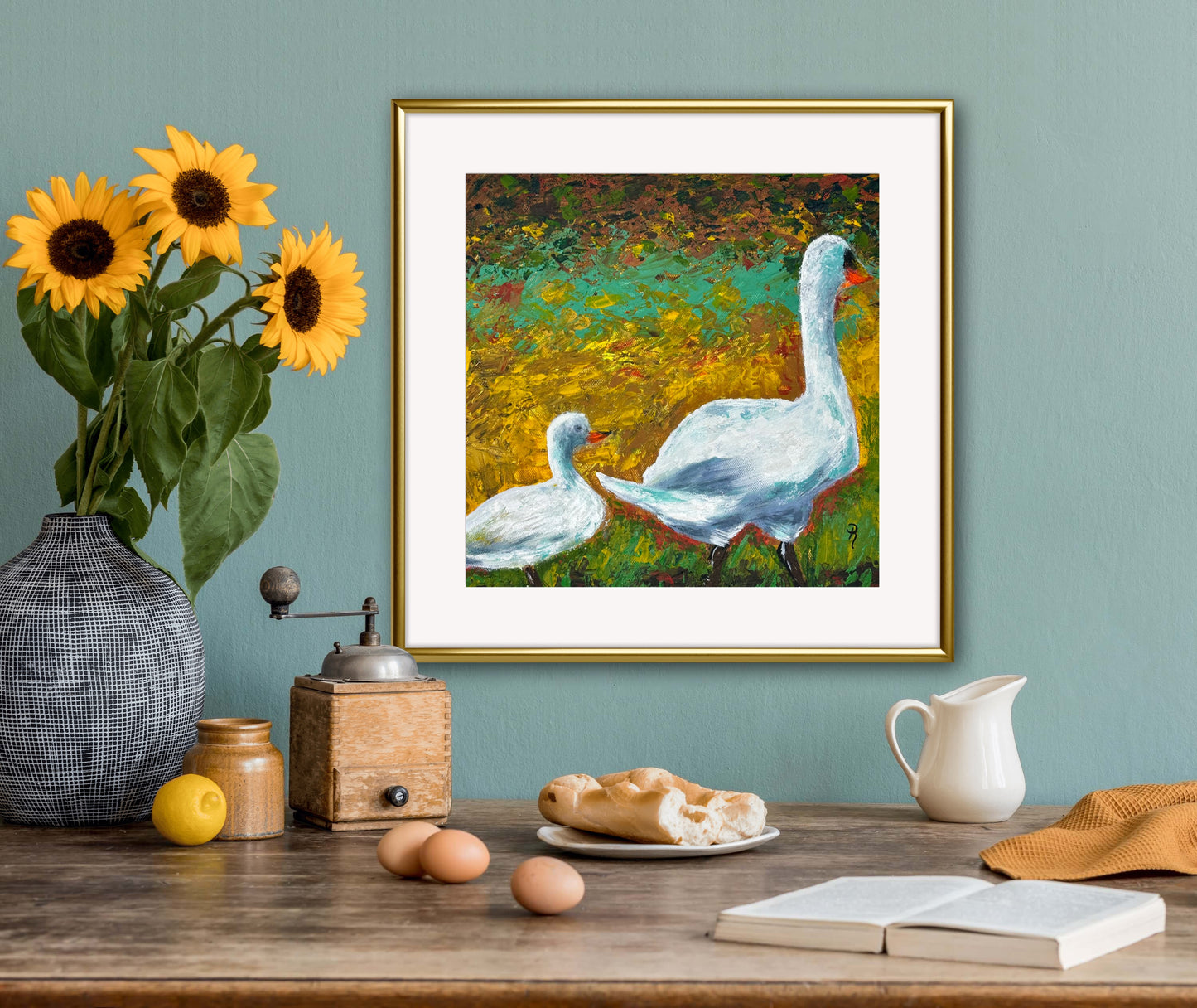 Waddle With Me White Geese Acrylic Painting