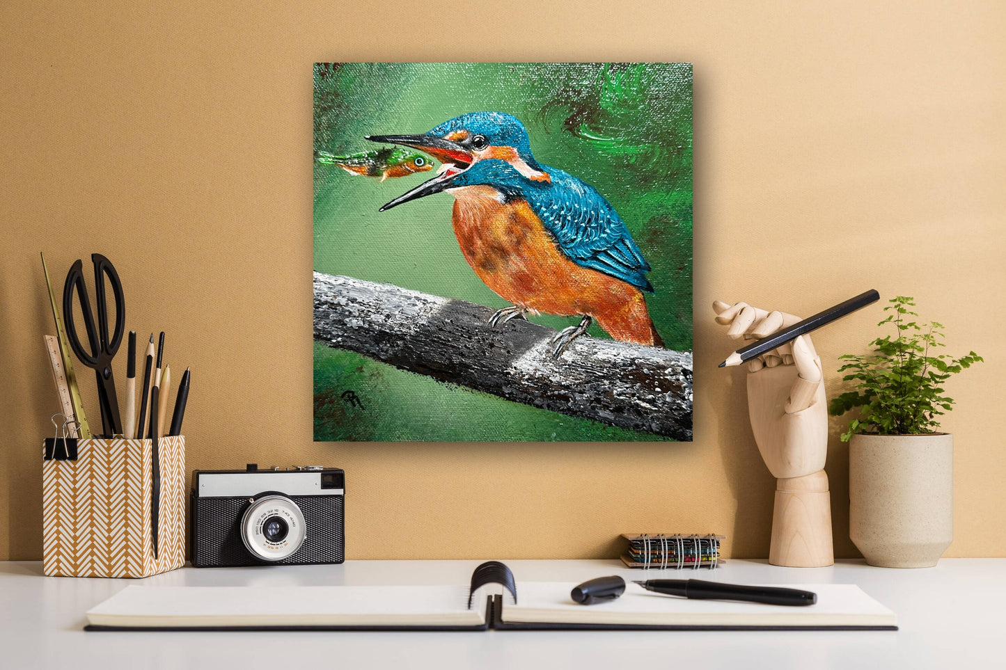 Kingfisher's Surprised Catch Acrylic Painting