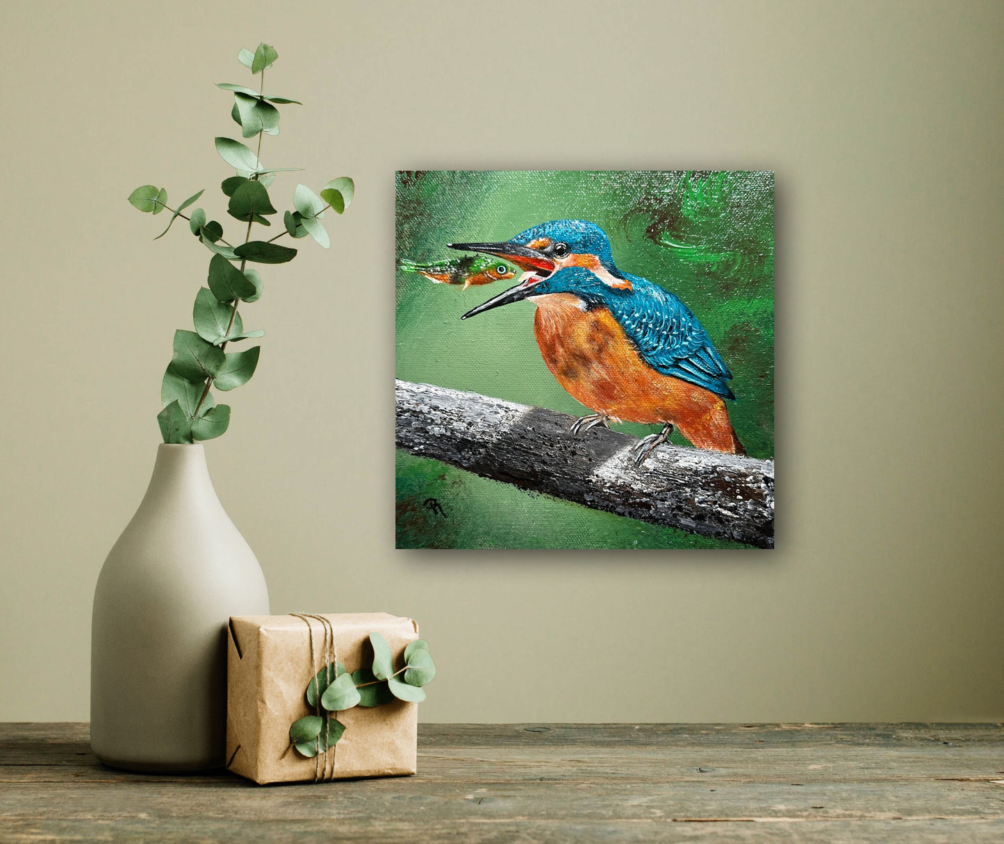 Kingfisher's Surprised Catch Acrylic Painting