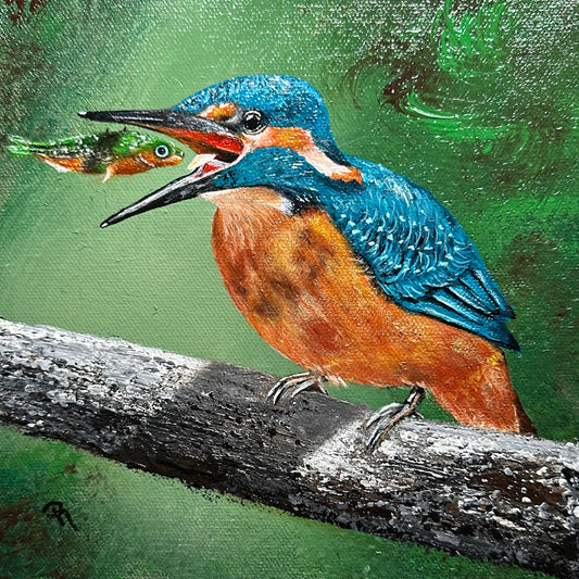 Kingfisher's Surprised Catch Acrylic Painting