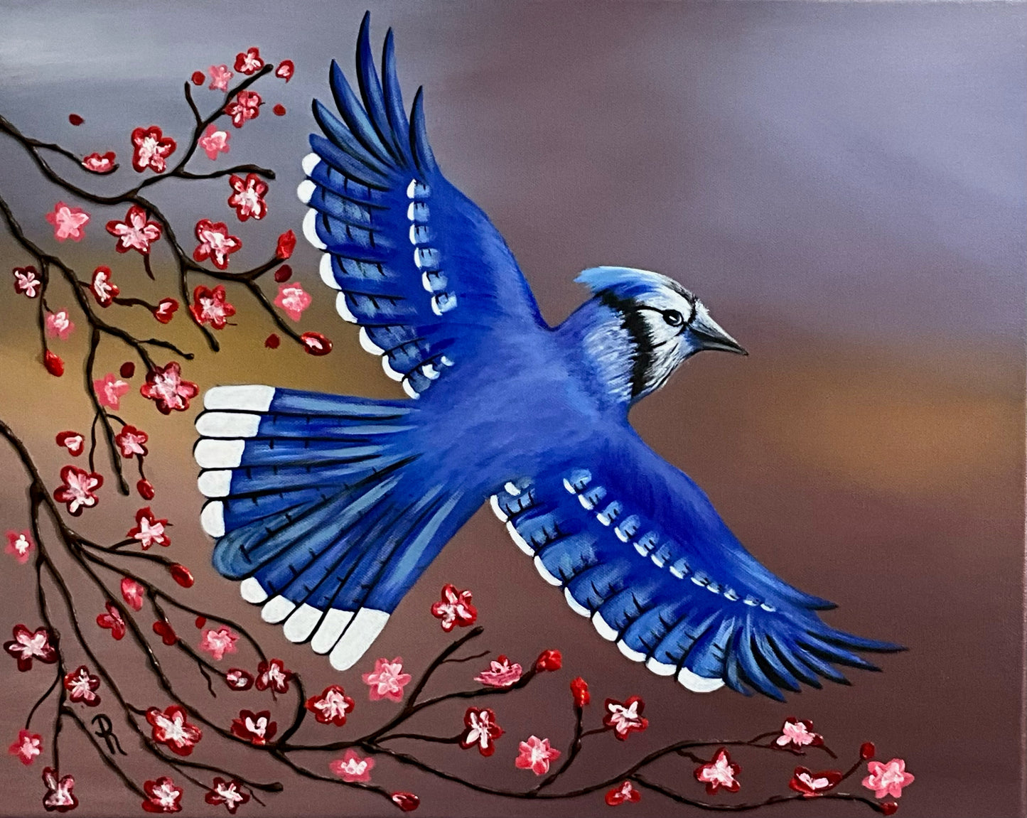 Cherry Blossom Blue Jay Acrylic Painting