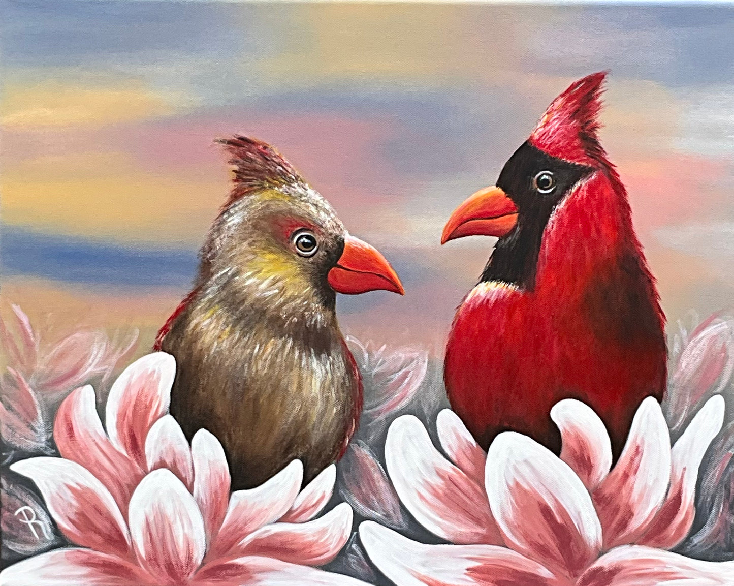 Male and female Cardinal bird acrylic painting. 