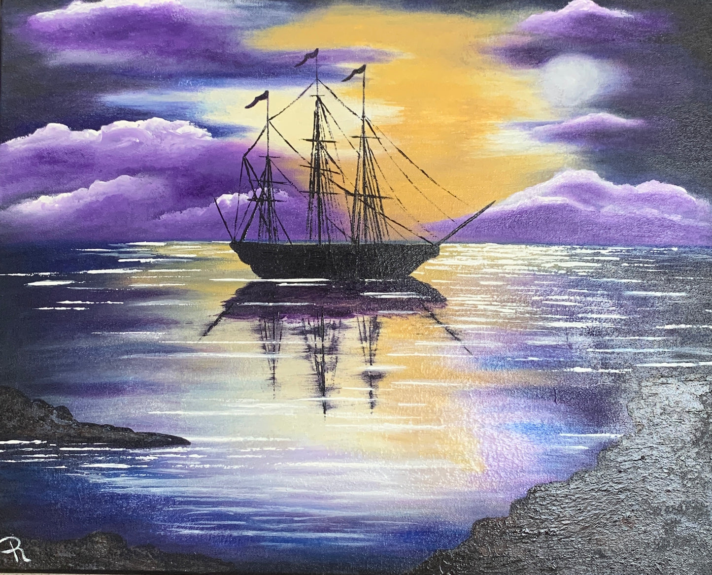 Sailboat in Moonlight Acrylic Painting