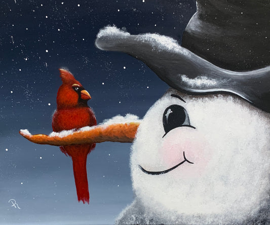 Snowman and Cardinal Acrylic Painting