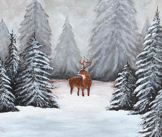 Deer In Winter Acrylic Painting